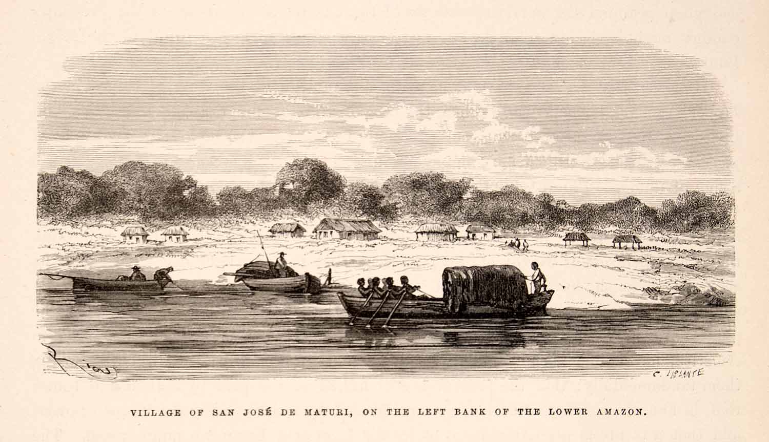 1875 Wood Engraving Village San Jose De Maturi Amazon River Bank Brazil XGHC1