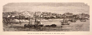 1875 Wood Engraving City Gurupa Lower Amazon River Ships Sailing Harbor XGHC1