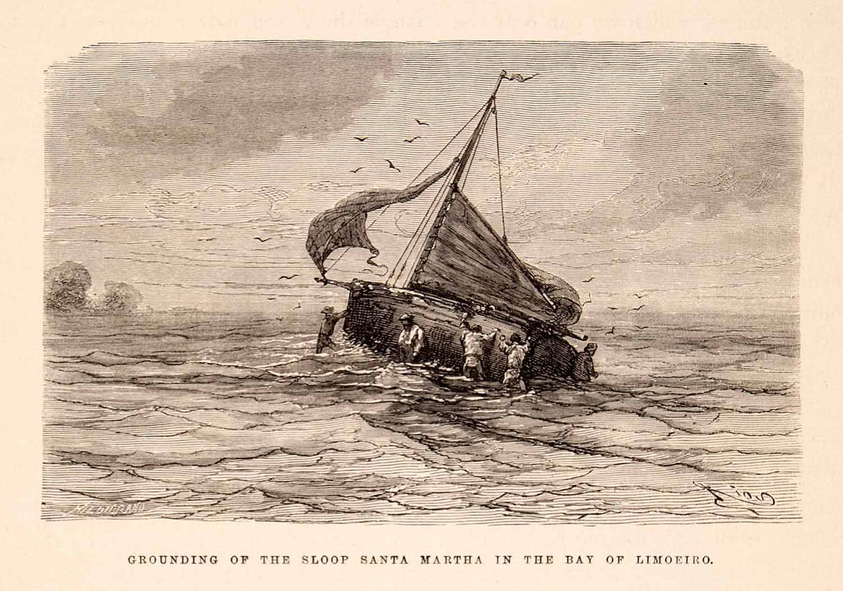 1875 Wood Engraving Sloop Santa Martha Bay Limoeiro Grounding Amazon R ...
