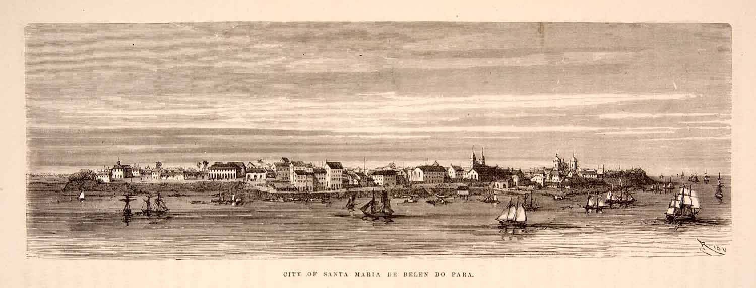 1875 Wood Engraving City Santa Maria De Belen Do Para Ship Sail Port XGHC1