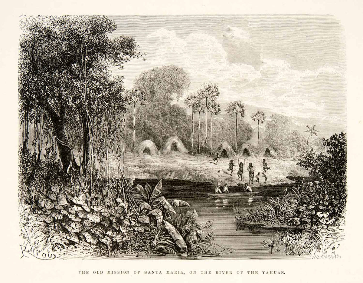1875 Wood Engraving Mission Santa Maria Yahua River Tribe Village XGHC ...