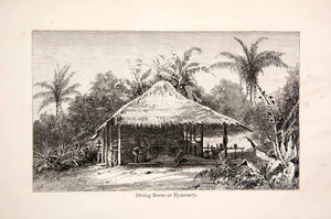 1868 Wood Engraving Dining Room Hyanuary Building Straw Palm Trees Plants XGHC3