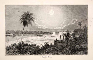 1868 Wood Engraving Moonlight Mauhes River Palm Tree Fence Water Boats XGHC3