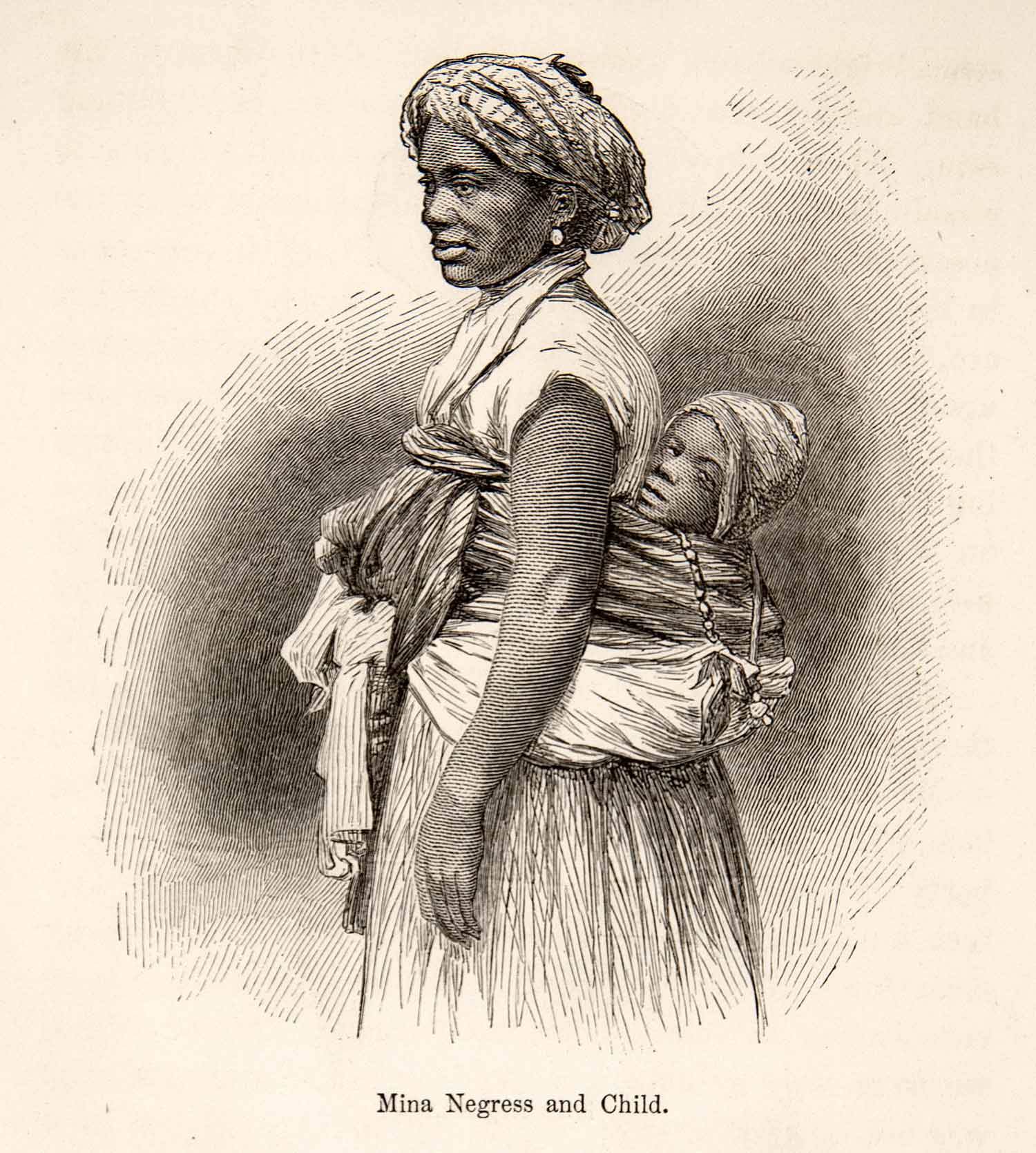 1868 Wood Engraving Portrait Costume Mina Woman Child Baby Brazil Mother XGHC3
