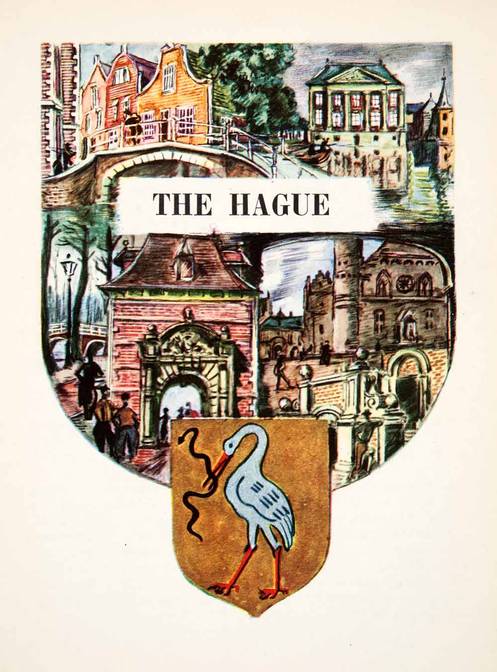 1951 Photolithograph Hague Netherland Holland Dutch Cityscape Shield XGHC4