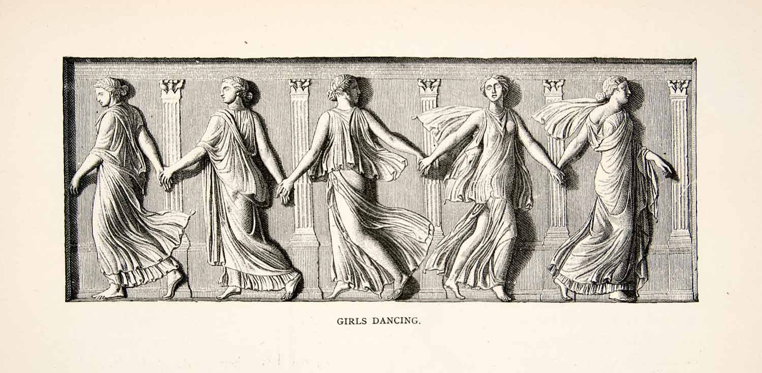 1886 Wood Engraving Girls Dancing Relief Sculpture Villa Borghese Rome XGHC6