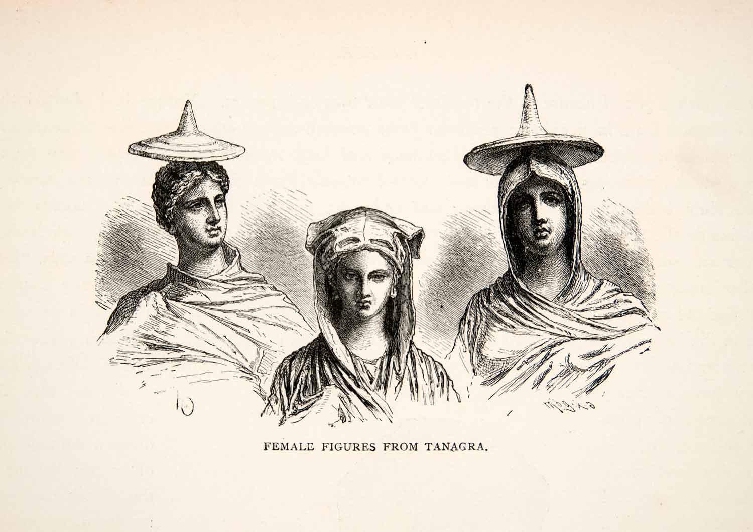 1886 Wood Engraving Otto Sculpture Tanagra Greece Women British Museum Hat XGHC6