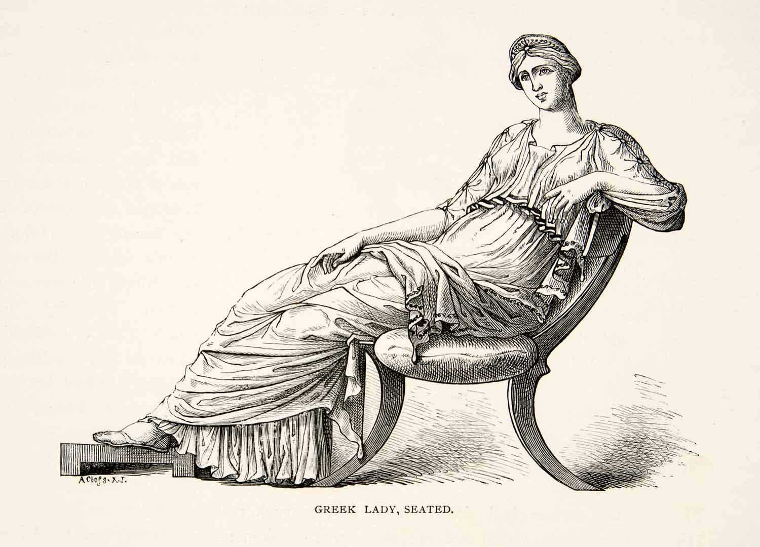 1886 Wood Engraving Greek Woman Lady Chair Toga Costume Crown Seated Dress XGHC6