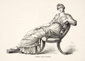 1886 Wood Engraving Greek Woman Lady Chair Toga Costume Crown Seated D –  Period Paper Historic Art LLC