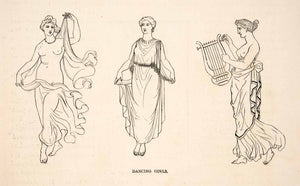 1886 Print Nude Greek Girls Dance Harp Musician Toga Costume Dress XGHC6