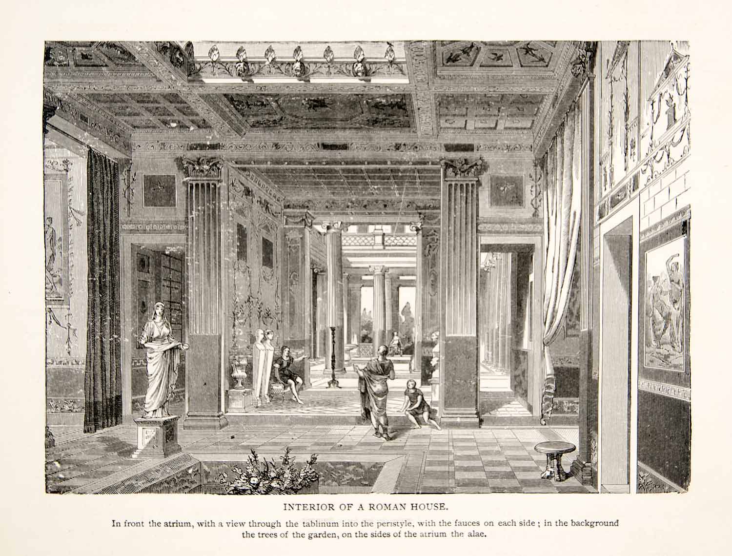 1886 Wood Engraving Interior Ancient Roman House Atrium Tablinum Fauce XGHC6