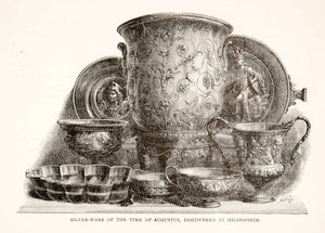 1886 Wood Engraving Silverware Augustus Roman Hildesheim Vase Cup Ancient XGHC6