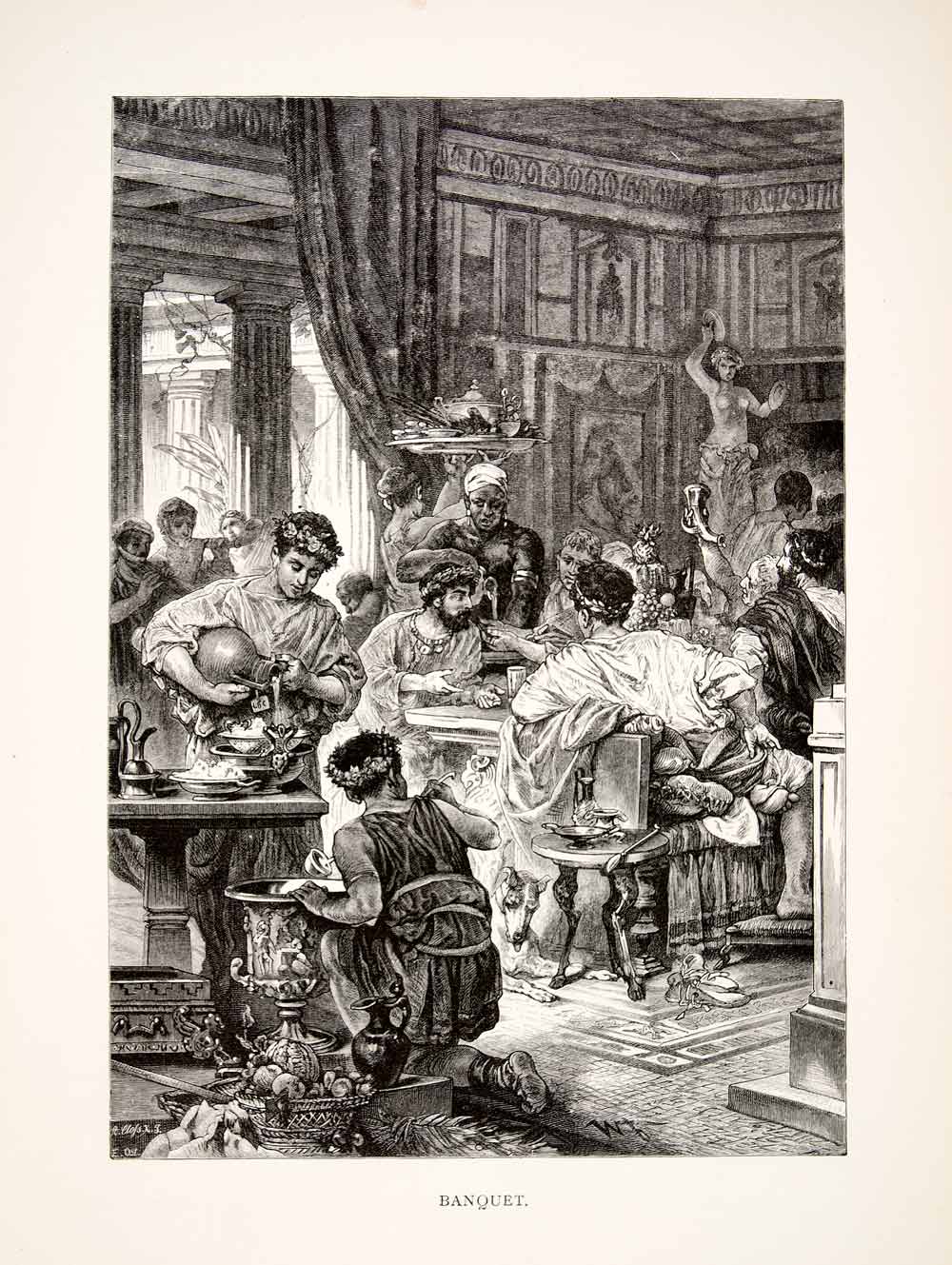 1886 Wood Engraving (Photoxylograph) Banquet Feast Bacchanal Roman Toga XGHC6