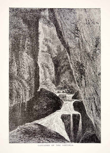 1886 Wood Engraving Landscape Cascades Ristinga Landscape Water Rocks Tree XGHC7
