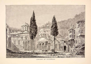 1886 Wood Engraving Greece Kiliandari Trees Architecture Convent Monastery XGHC7
