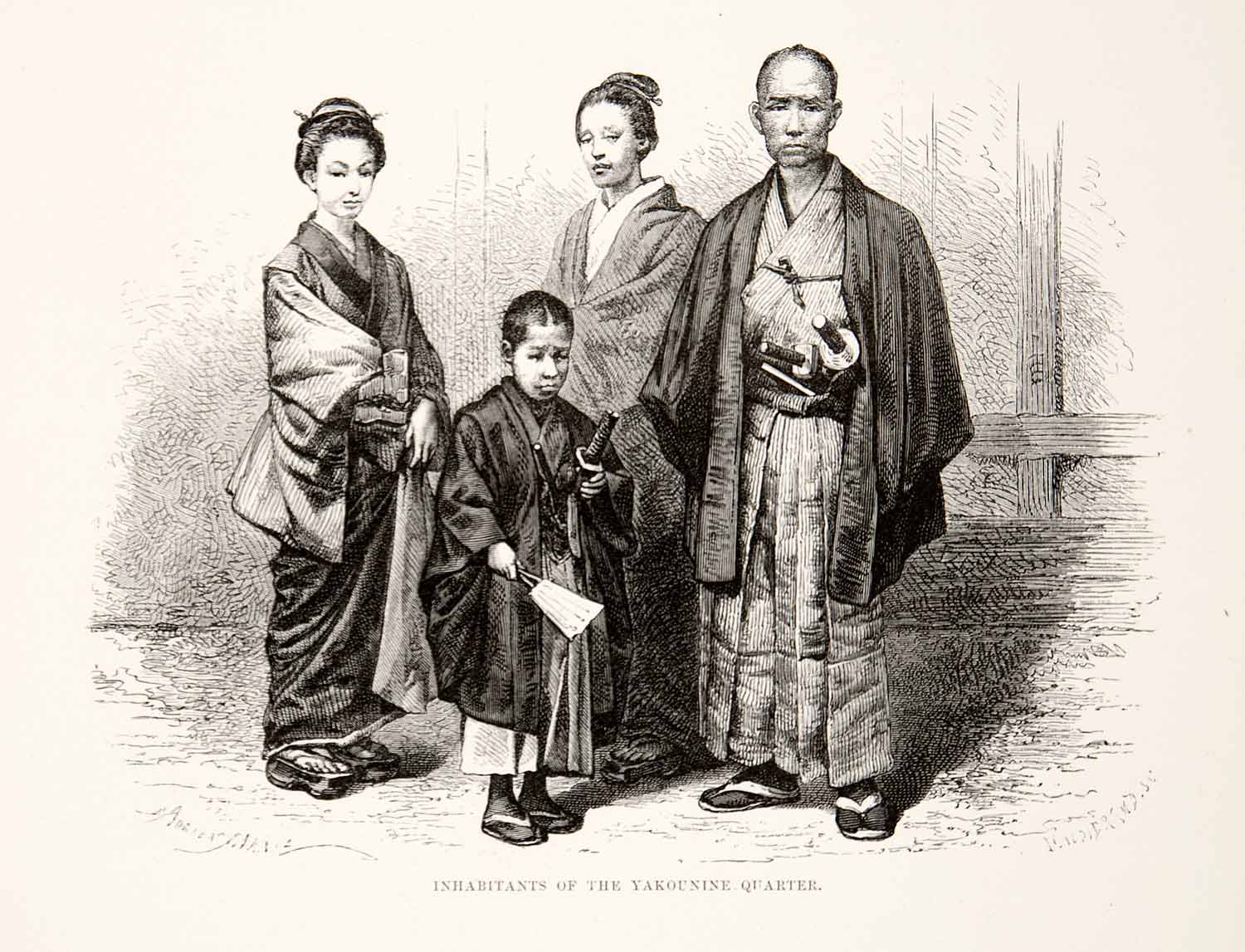 1874 Wood Engraving Portrait Costume Inhabitants Yakounine Quarters Japan XGHC8