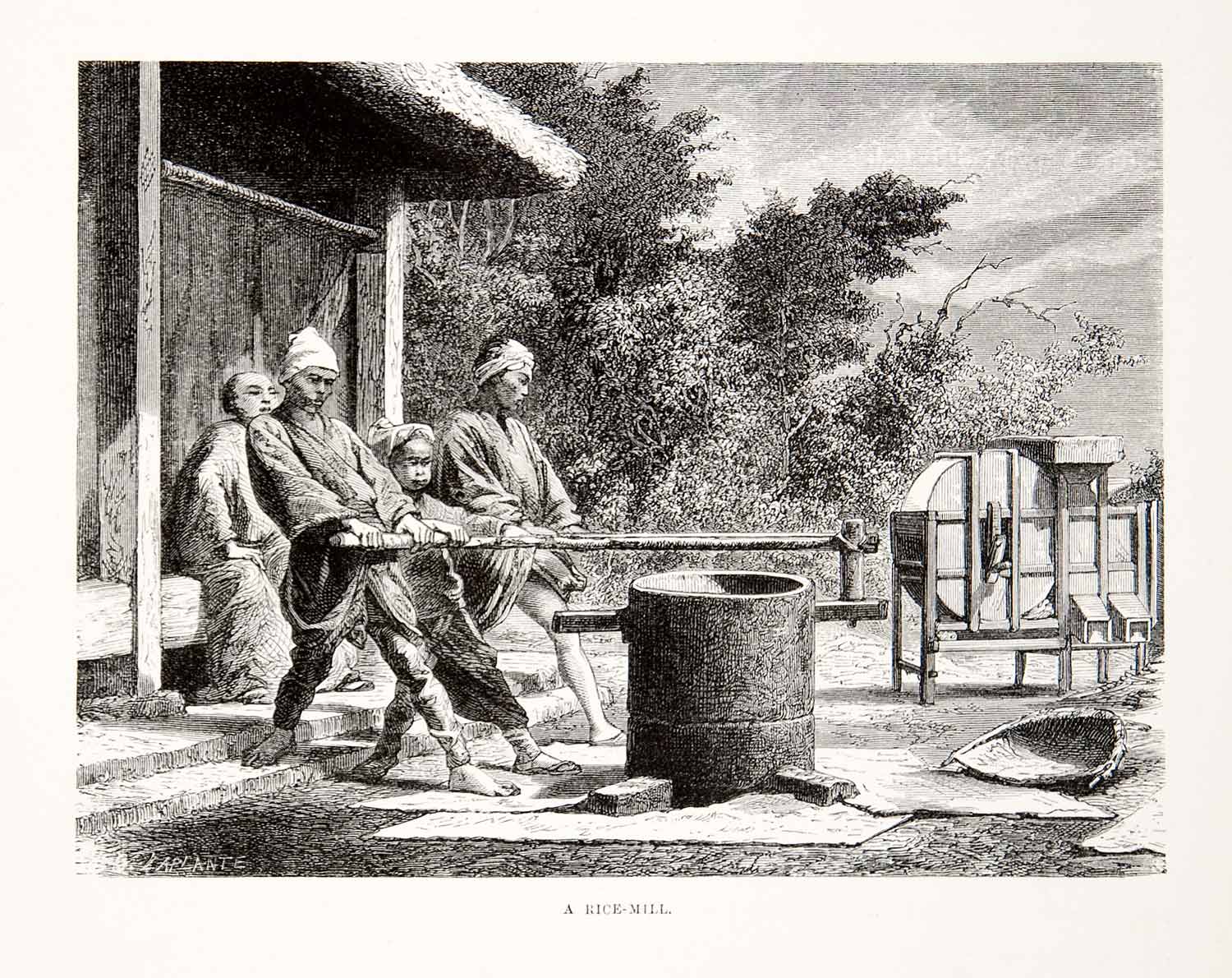 1874 Wood Engraving Japan Japanese Rice Mill Huller Chaff Beriberi XGHC8