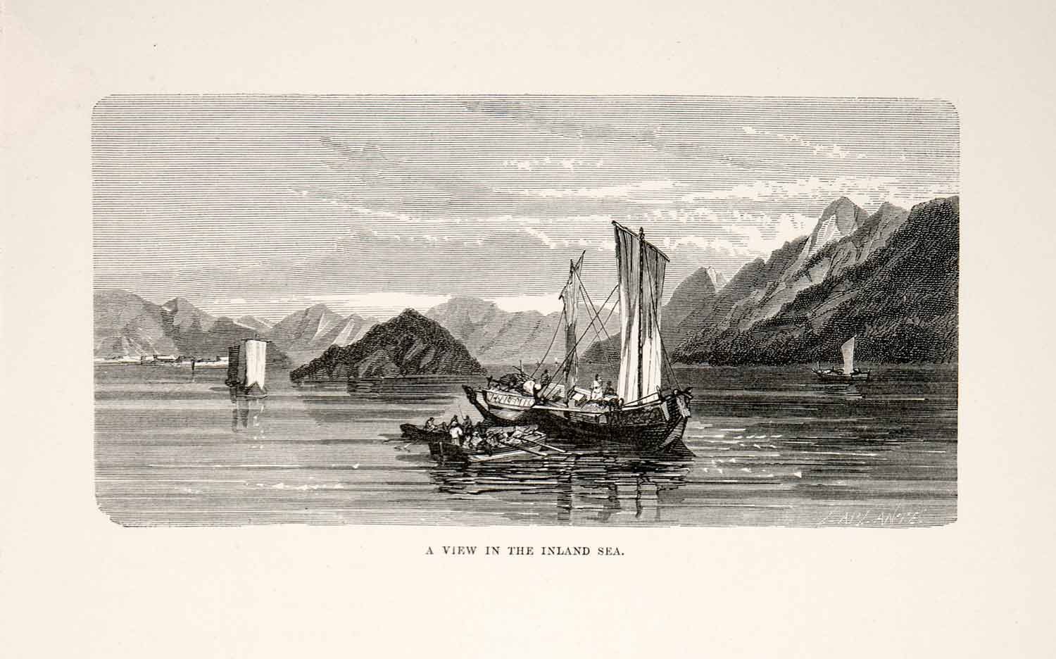 1874 Wood Engraving Landscape View Inland Sea Boats Sails Ships Japan XGHC8