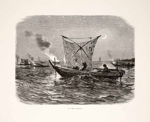 1874 Wood Engraving Japan Japanese Offing Water Boat Ship Moonlight Bay XGHC8