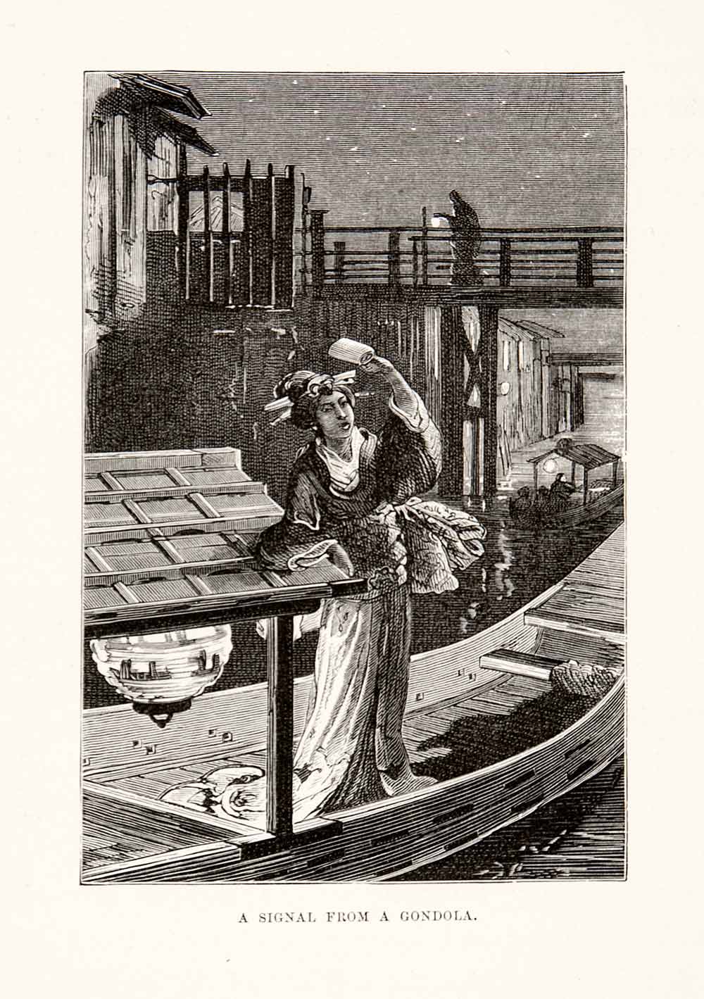 1874 Wood Engraving Japan Japanese Woman Signal Gondola Yeddo Edo Bay Yedo XGHC8