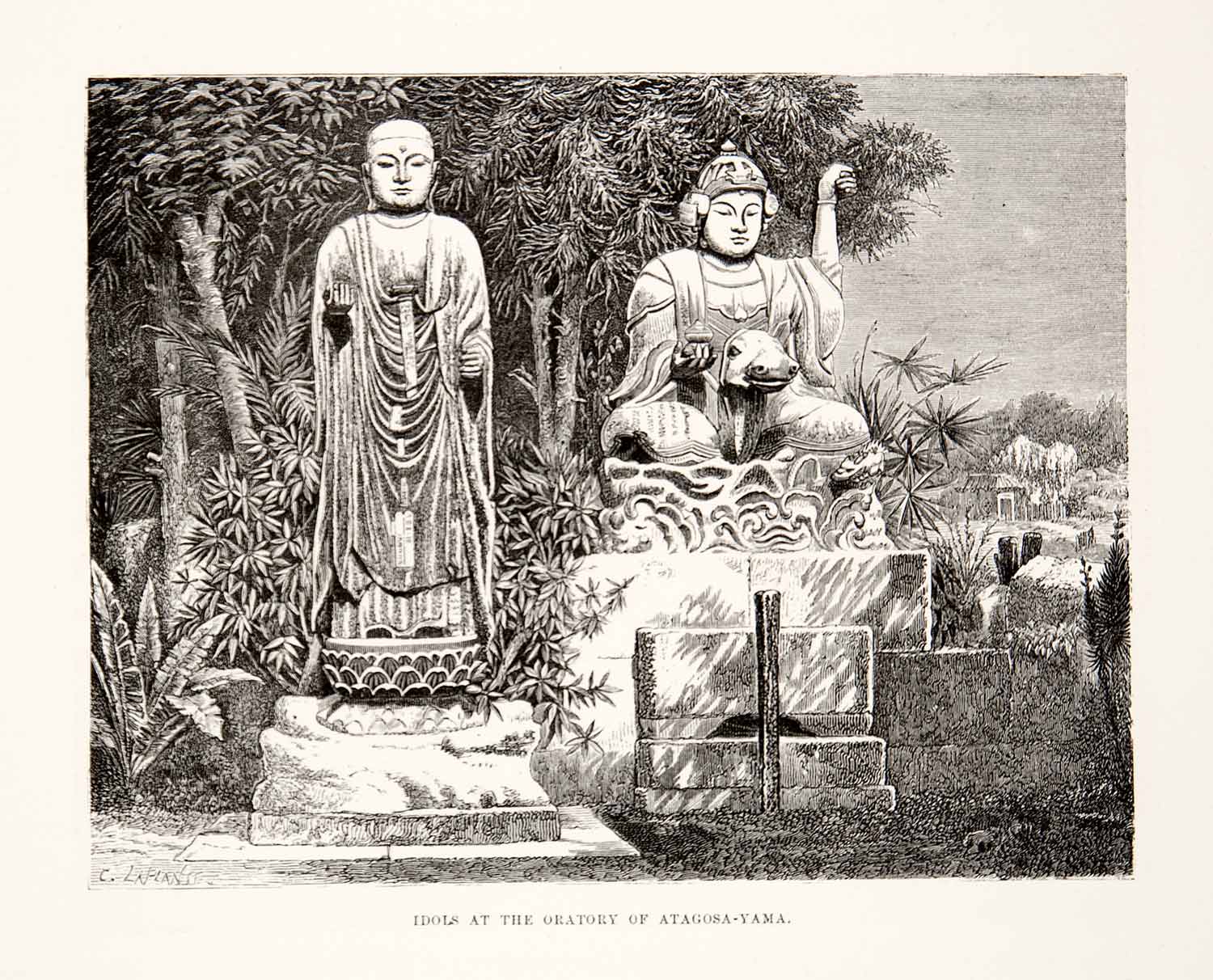 1874 Wood Engraving Idols Japan Japanese Atagosa Yama Statues Shrine XGHC8