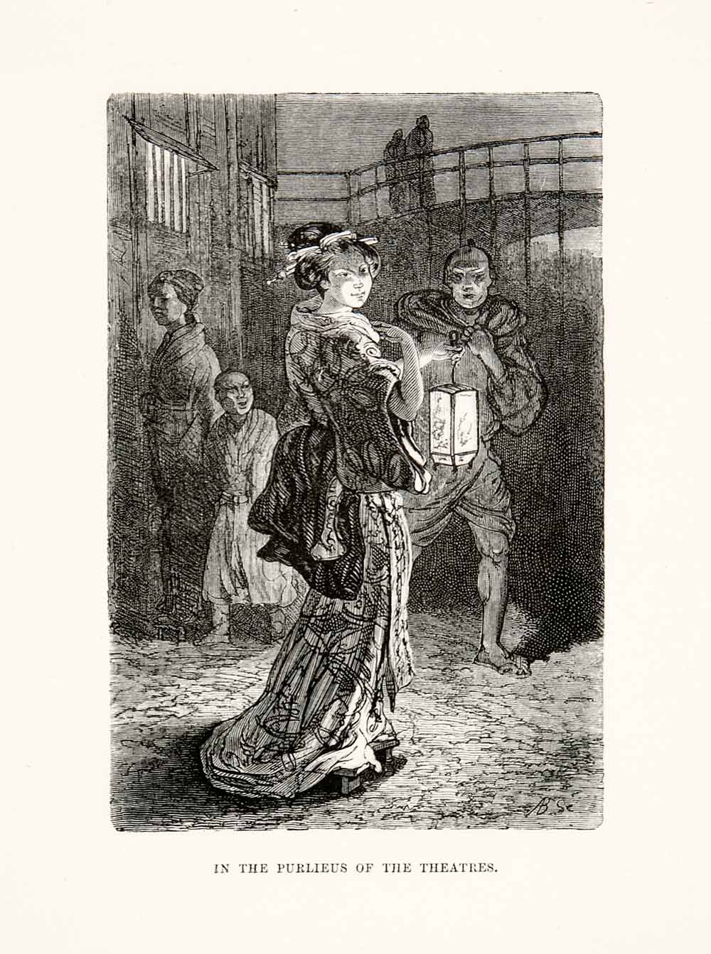 1874 Wood Engraving Japan Japanese Purlieus Theatres Lantern Woman Kimono XGHC8