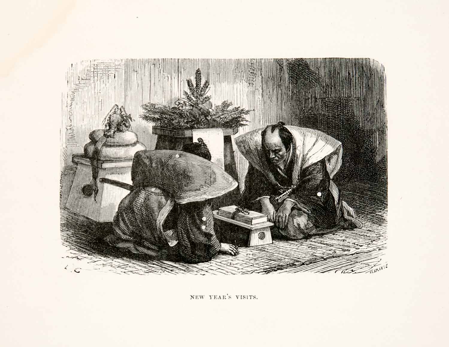 1874 Wood Engraving Japan Japanese New Years Visit People Respects Bowing XGHC8