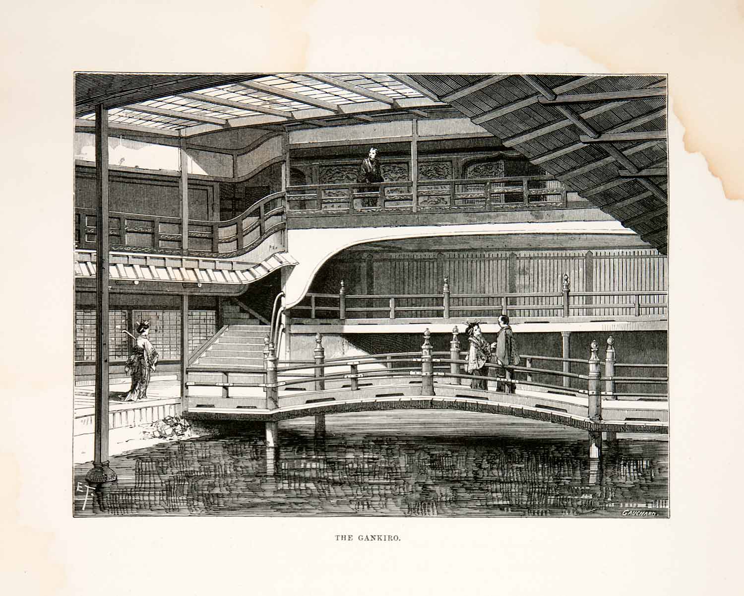 1874 Wood Engraving Japan Japanese Bridge Gankiro Water Men Women Building XGHC8