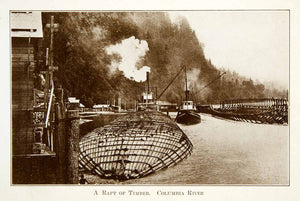 1916 Print Timber Raft Columbia River Historical Image View Tugboat Boat XGHD3