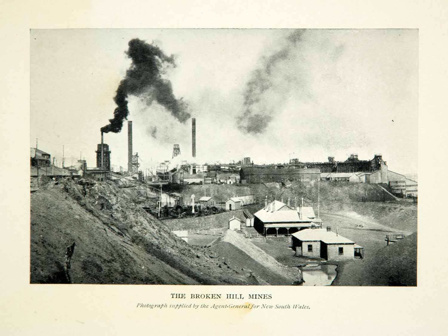 1910 Print Broken Hill Mines New South Wales Smokestack Outback Australia XGHD8