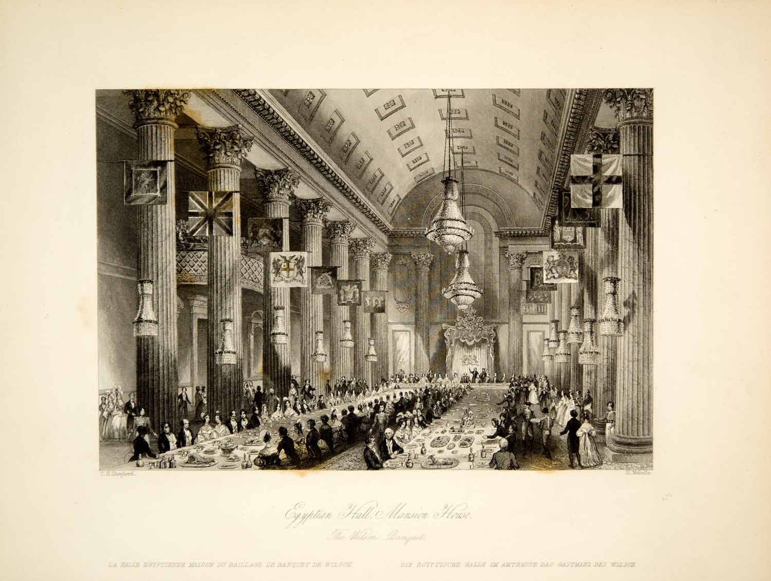 1845 Steel Engraving T. Shepherd Egyptian Hall Banquet London Mansion XGHD9