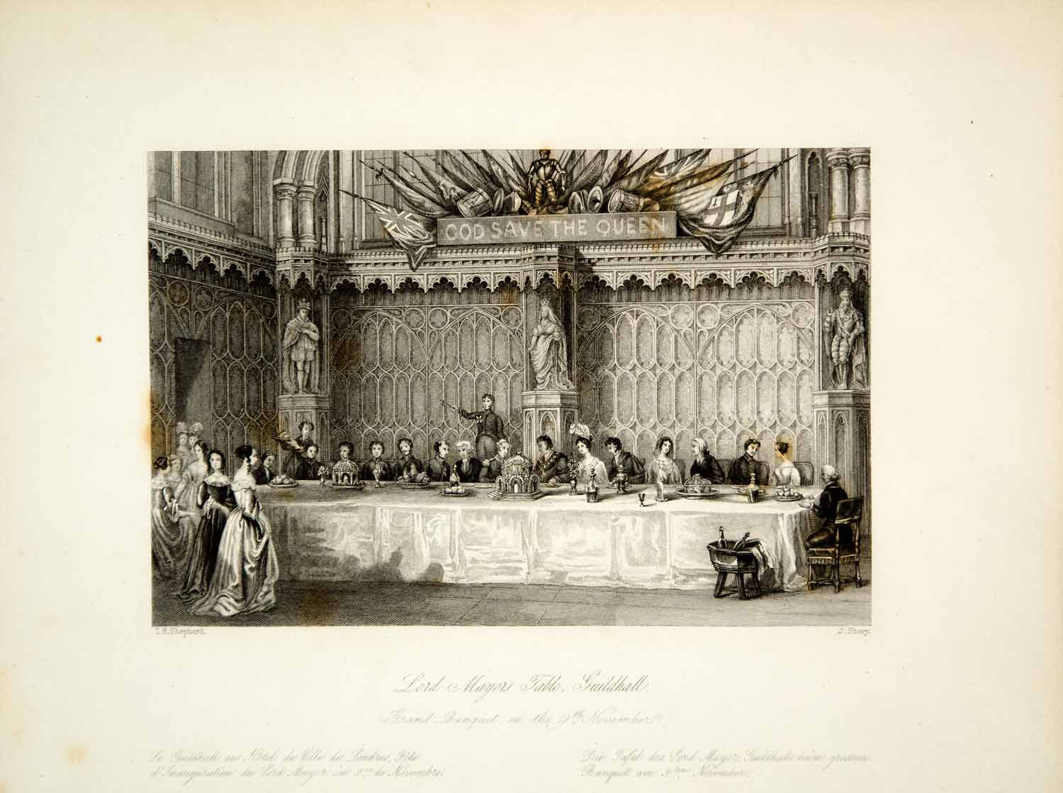 1845 Steel Engraving Thomas H Shepherd Lord Mayors Table Guildhall London XGHD9