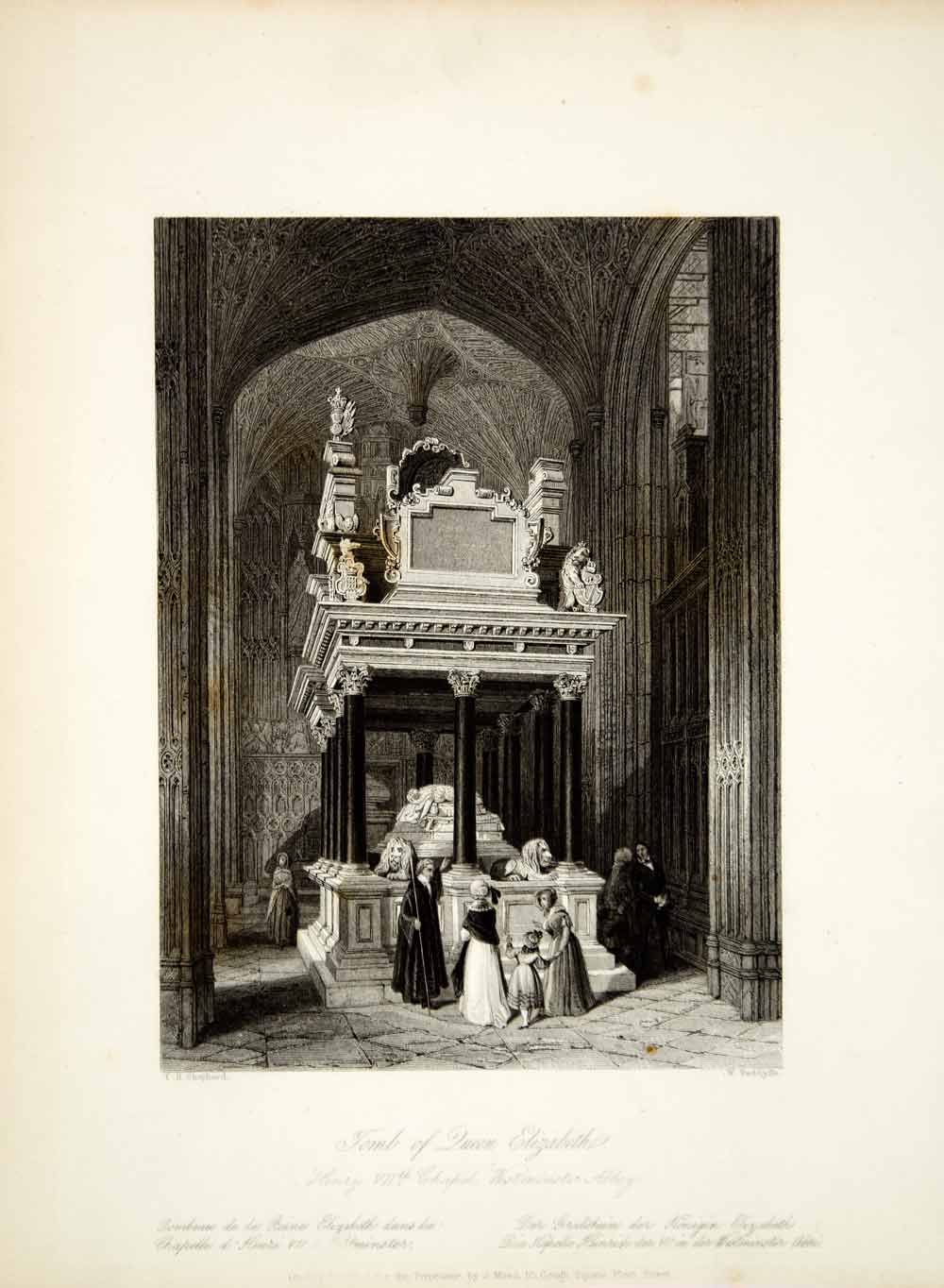 1845 Steel Engraving Thomas H Shepherd Tomb Queen Elizabeth Henry VII XGHD9