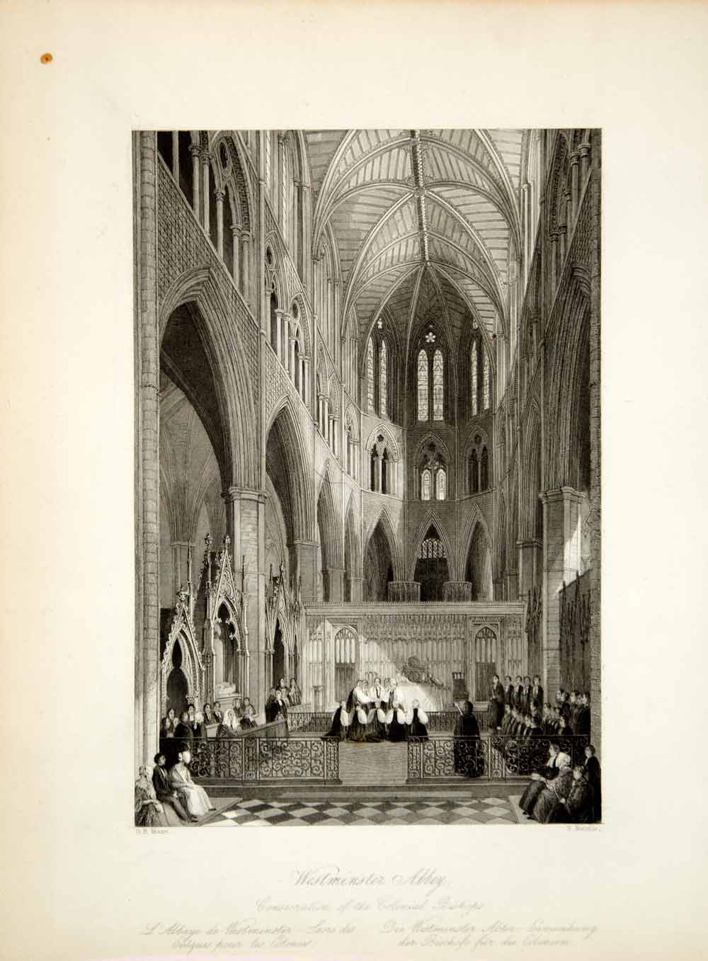 1845 Steel Engraving GB Moore Westminster Abbey London Gothic Architecture XGHD9