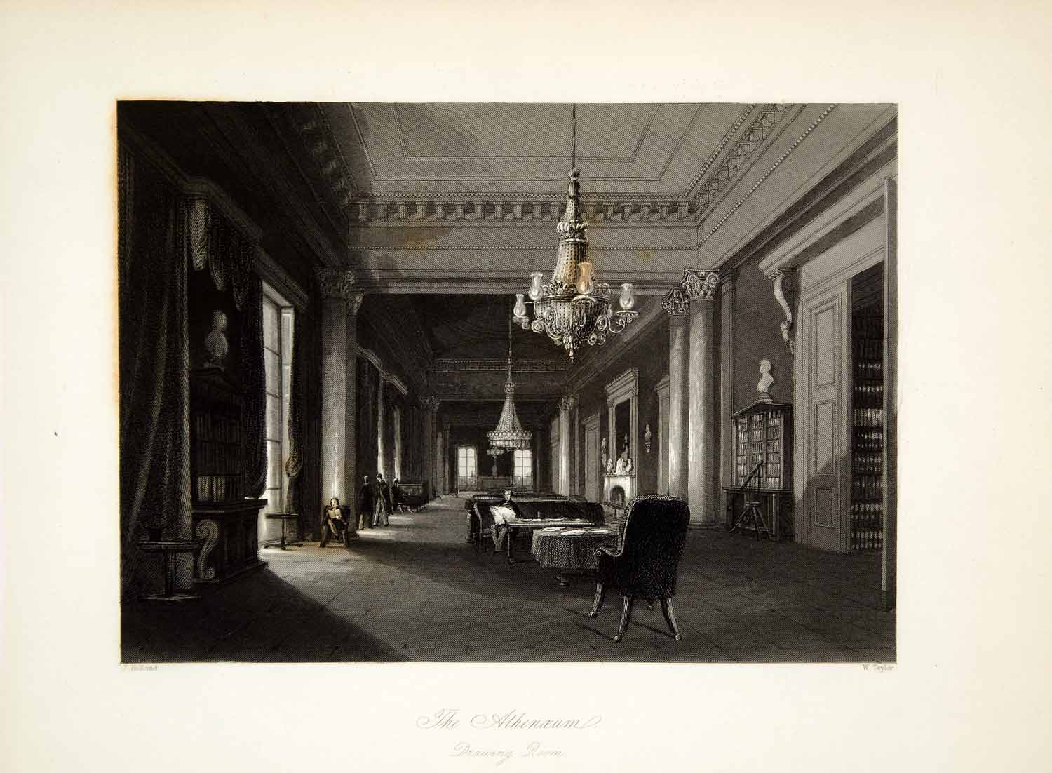 1845 Steel Engraving J Holland Athenaeum Club Drawing Room London XGHD9
