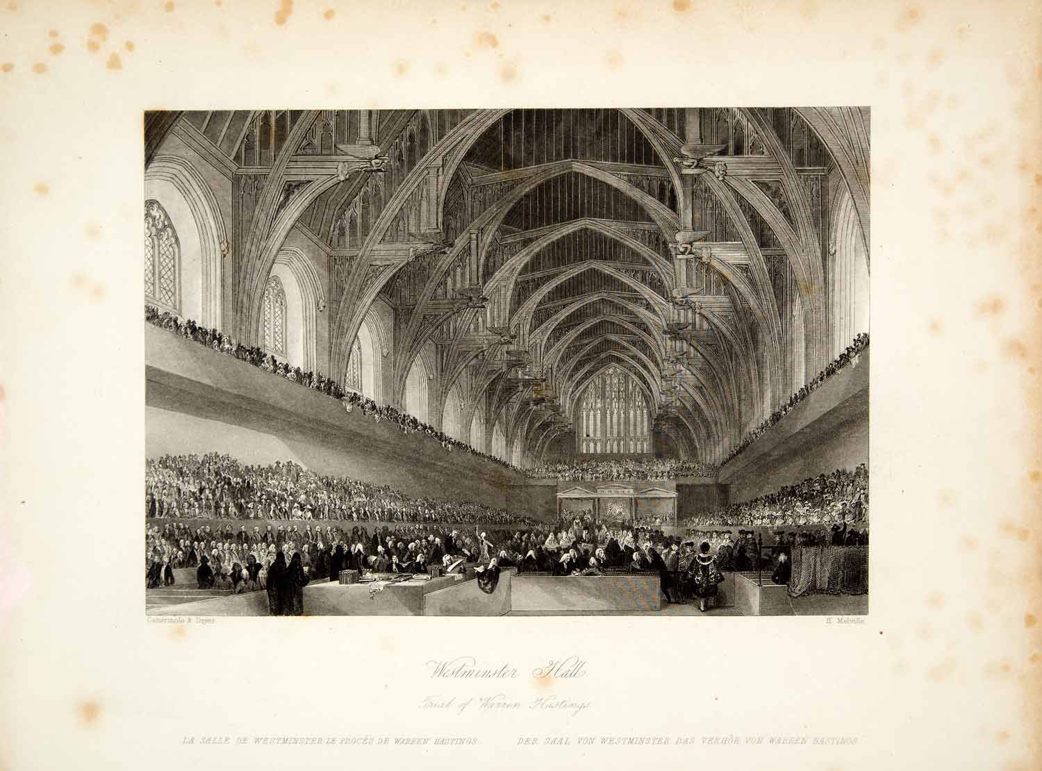 1845 Steel Engraving George Cattermole Westminster Hall Warren Hastings XGHD9