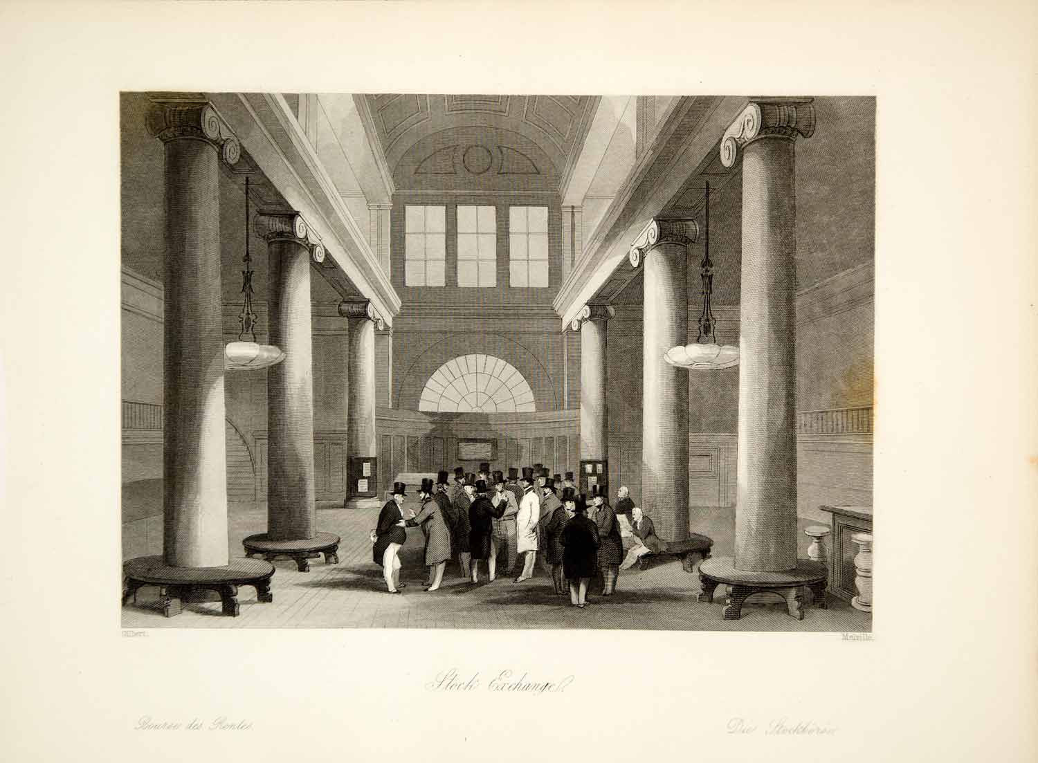 1845 Steel Engraving J Gilbert London Stock Exchange England Victorian XGHD9 - Period Paper
