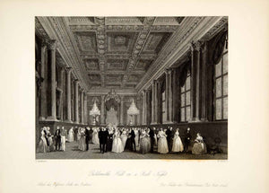 1845 Steel Engraving F Mackenzie Goldsmiths Hall Victorian Ball Night XGHD9