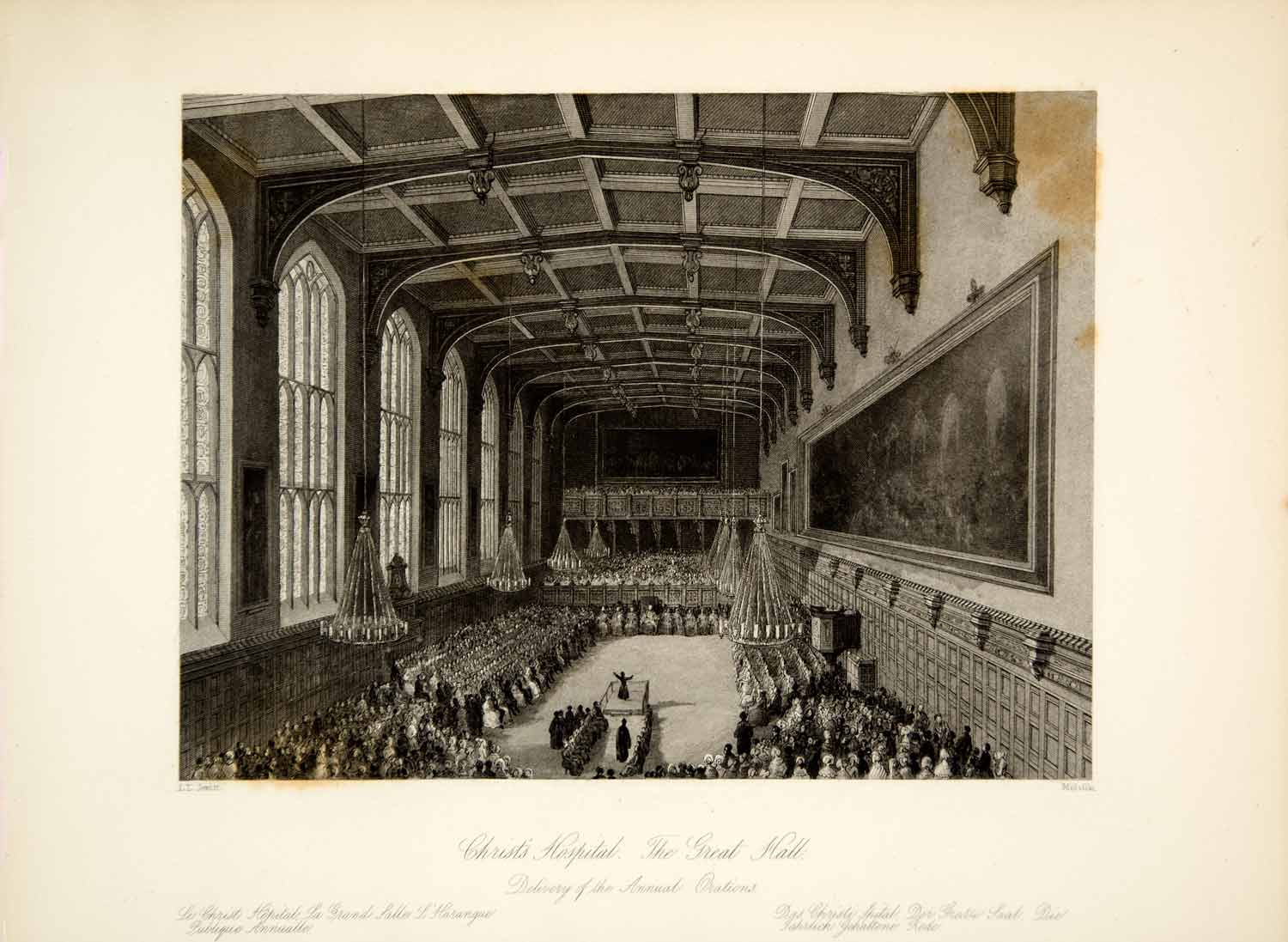 1845 Steel Engraving LL Jewett Christs Hospital Great Hall London UK XGHD9