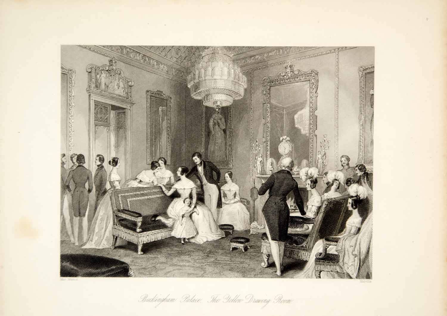 1845 Steel Engraving MacManus Buckingham Palace Yellow Drawing Room XGHD9