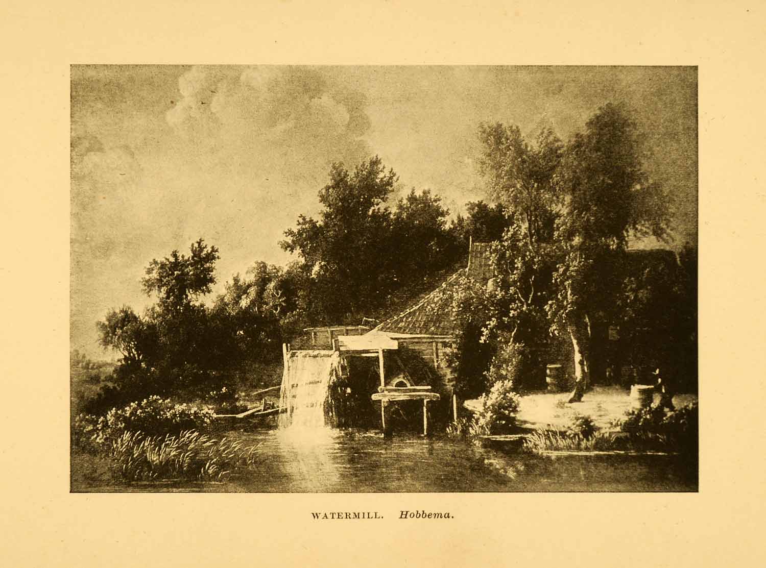 1908 Print Netherlands Water Mill Hobbema Waterfall Pond Lake Hill XGI4