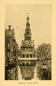 1908 Print Netherlands Holland Alkhaar Weigh House Cityscape Pool Church XGI4