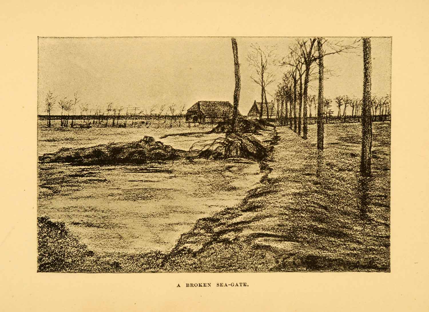 1908 Print Netherlands Holland Broken Sea Gate Dame River Tree Flood Water XGI4