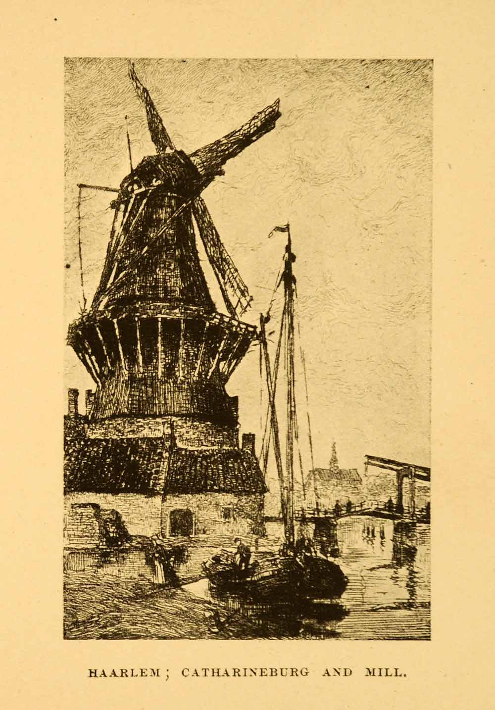 1908 Print Netherlands Holland Haarlem Catharineburg Windmill Boat Sail XGI4 - Period Paper
