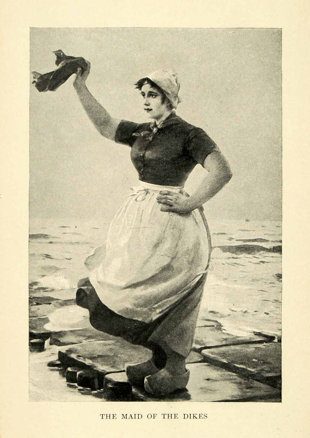 1899 Print Maid Dikes Bonnet Waves Clogs Netherlands Apron Nederland XGI5