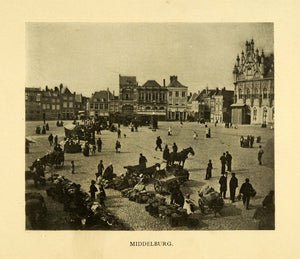 1906 Print Middelburg City Square Netherlands University Hall Market Vendor XGI9