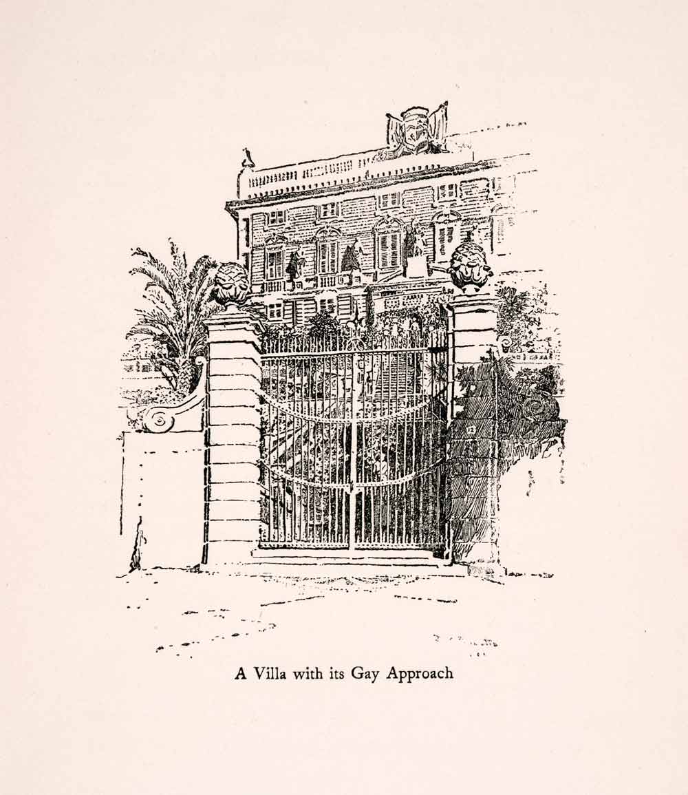 1907 Wood Engraving Ernest Peixotto Villa Ornate Gate West Italian Riviera XGIA5