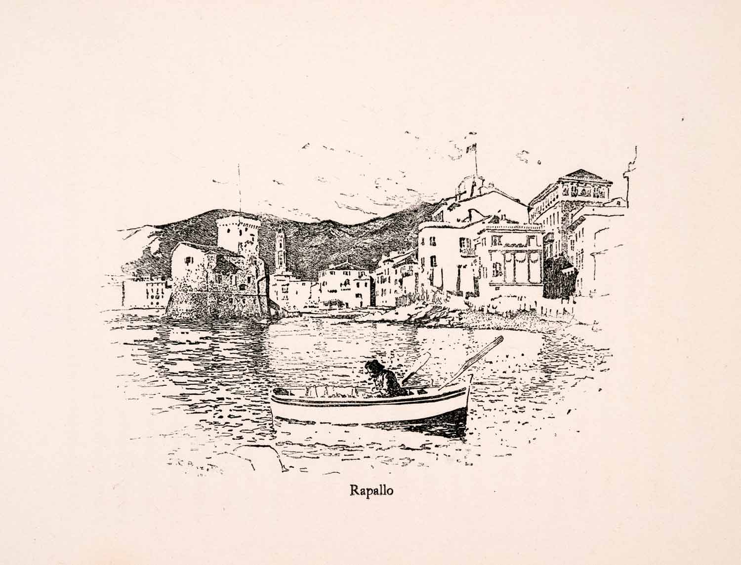 1907 Wood Engraving Ernest Peixotto Rapallo Genoa Liguria Boat Boat XGIA5