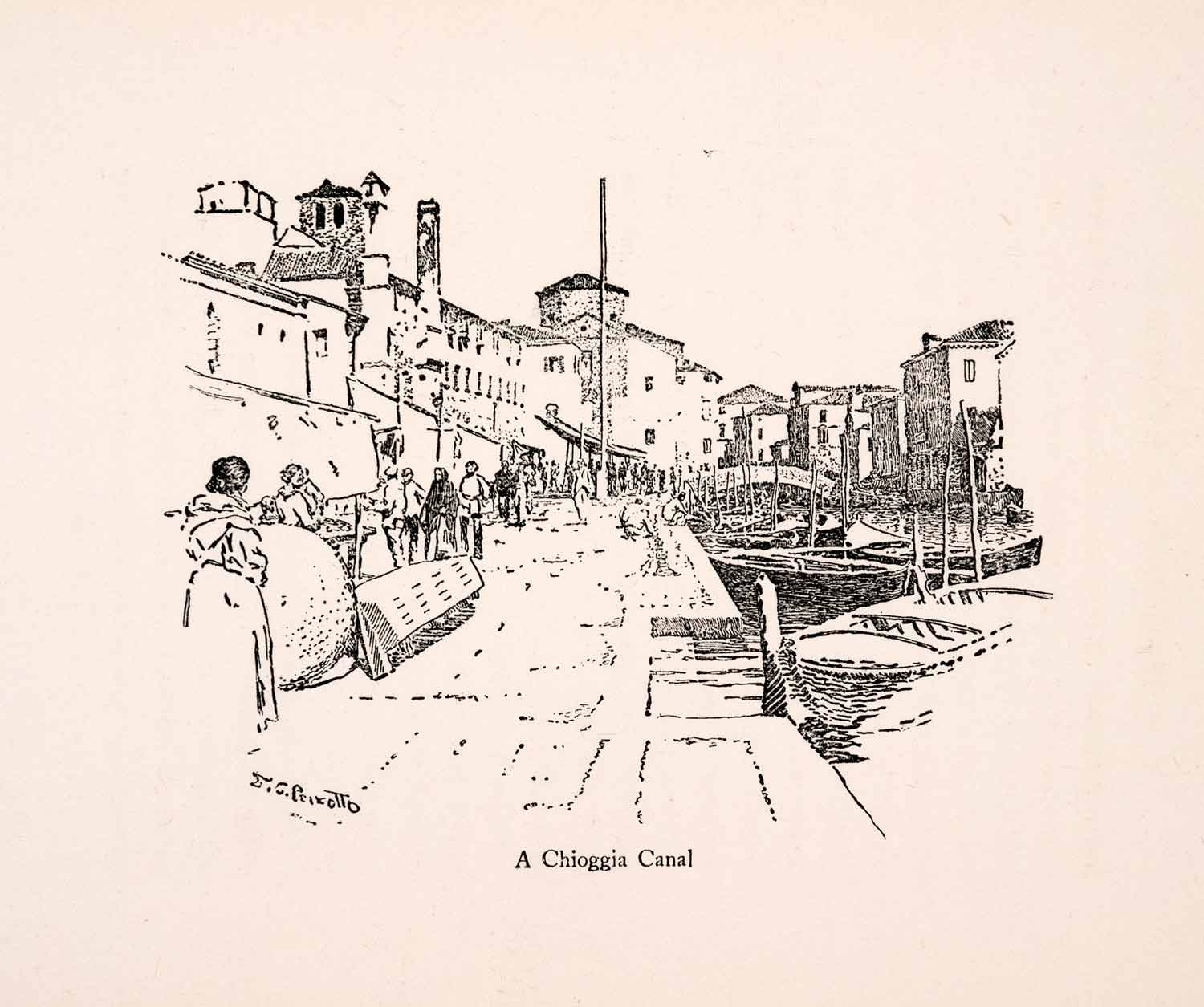 1907 Wood Engraving Ernest Peixotto Chioggia Canal Venice Veneto Italy XGIA5