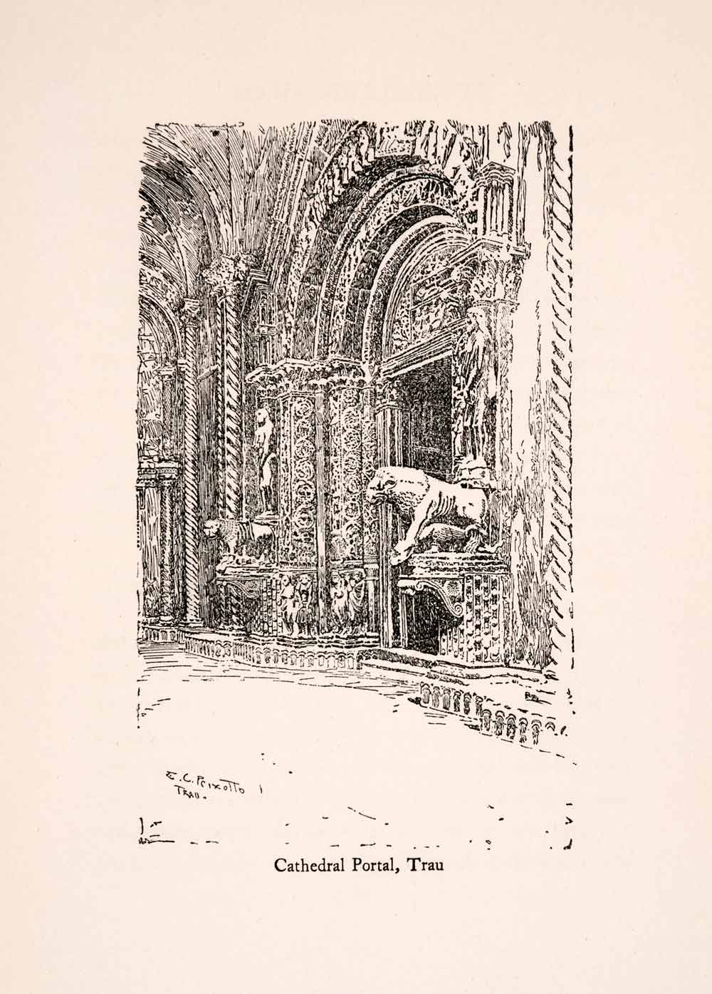 1907 Wood Engraving Ernest Peixotto Cathedral Portal Trau Trogir St XGIA5